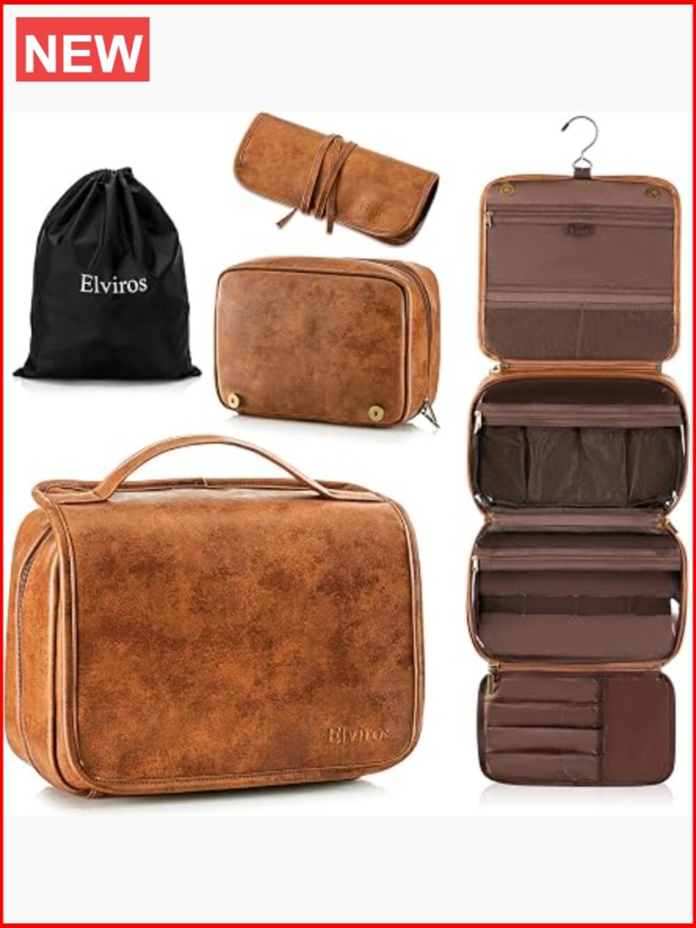 PU Leather Hanging Toiletry Bag for Men Travel Essentials 3-in-1 Large